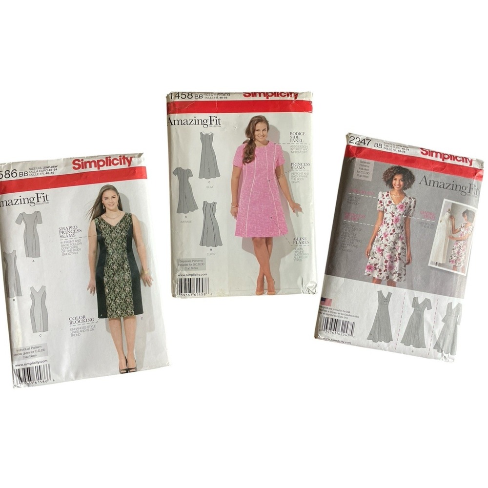 3 Simplicity Patterns Amazing Fit Dress for Slim‎ Average Curvy Fit Size 20W-28W